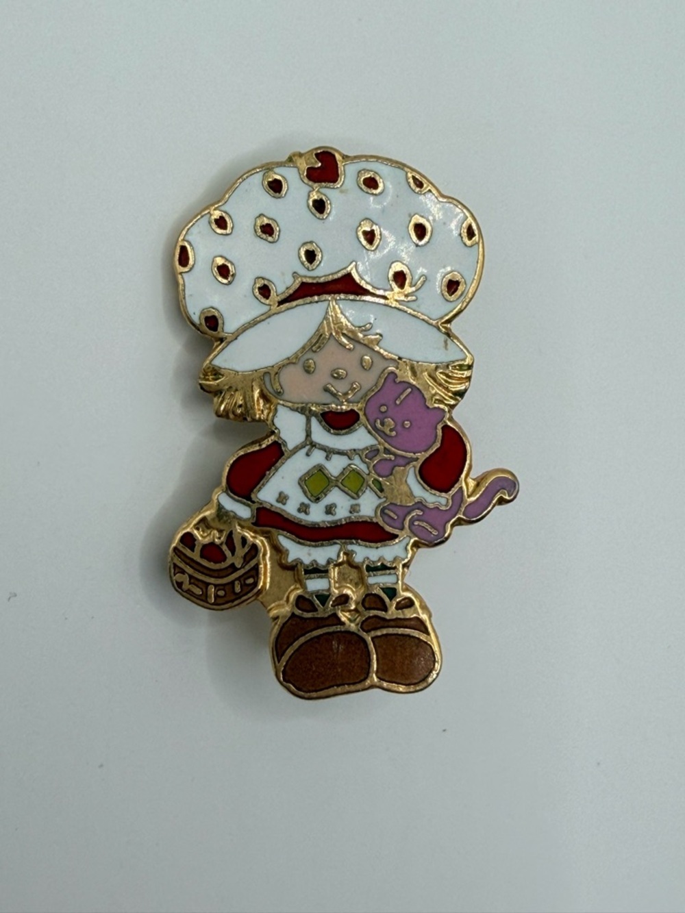 Strawberry Shortcake Vintage Enamel Pin with Pink Cat